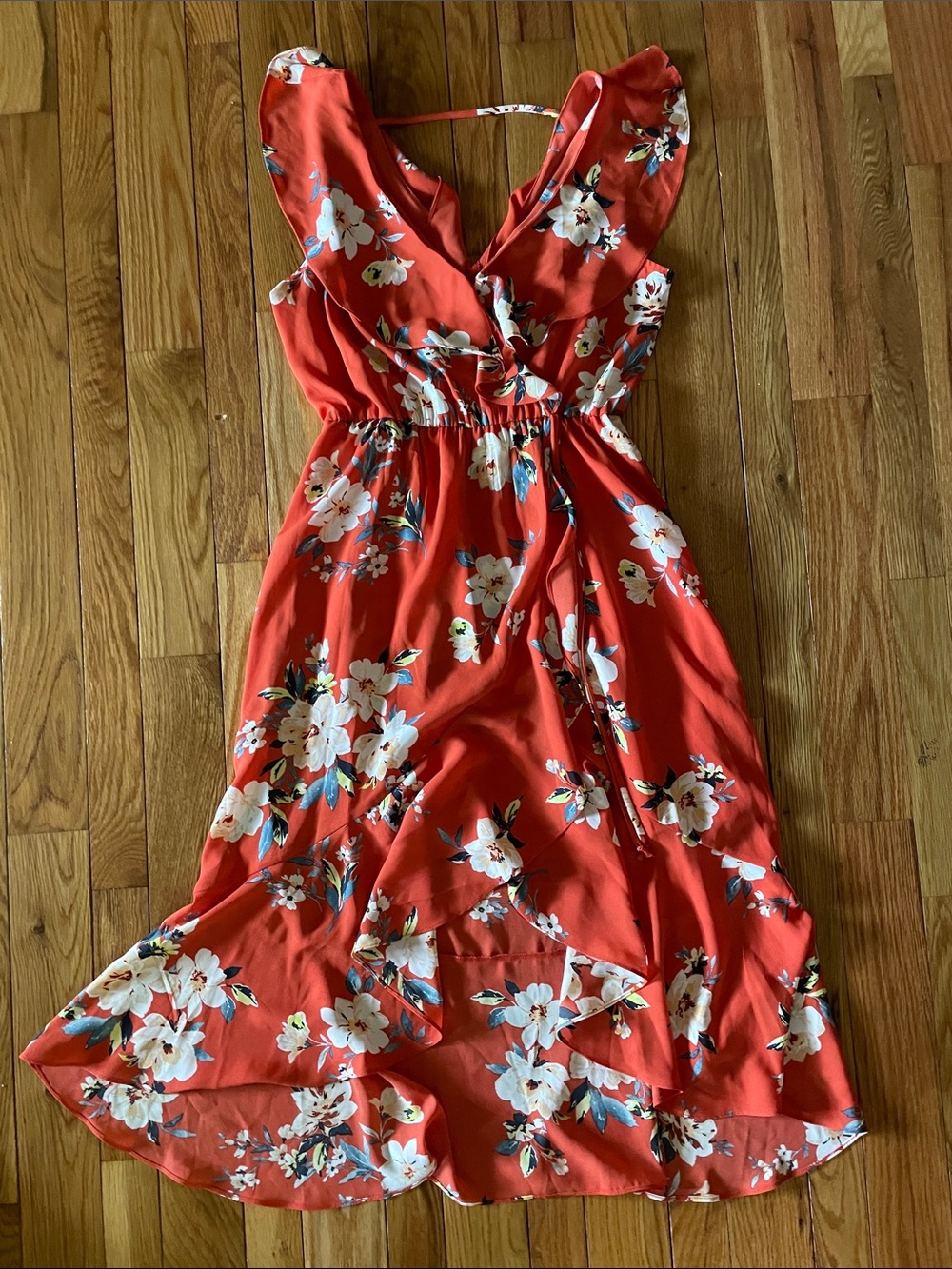 Socialite Orange Red Floral Midi Dress with V-Neck and Ruffle Sleeves size small
